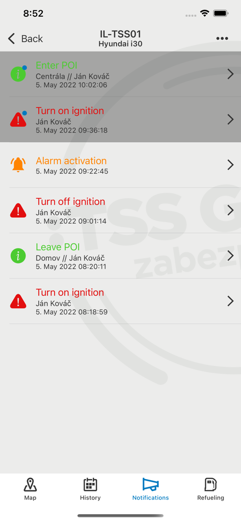 TSS Monitoring - Echtzeit-Benachrichtigungsprotokoll für Fahrzeuge in der TSS Monitoring App mit Zündungsalarmen und POI-Ereignissen.