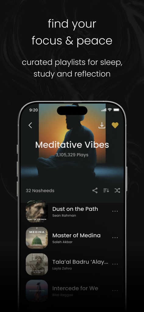 Mystic Meditation Records - Mystic Meditation Records app interface showing a Meditative Vibes playlist with various Islamic nasheeds