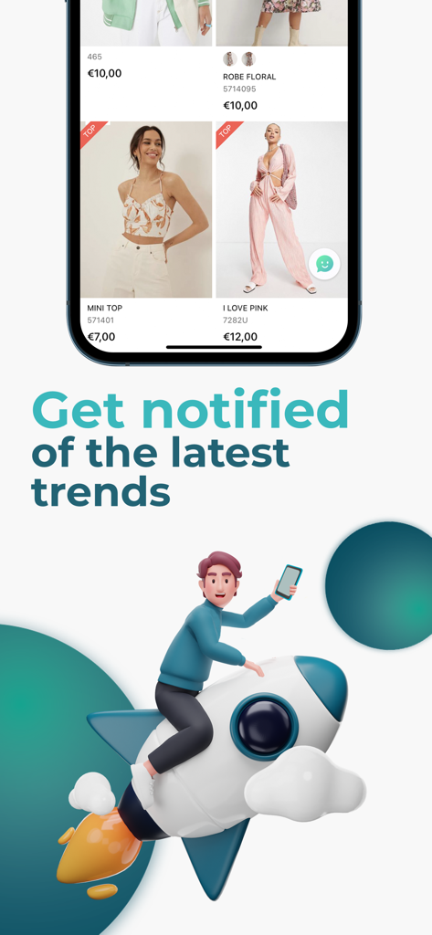 MicroStore app interface showing wholesale fashion clothing catalog with a Get notified of the latest trends caption
