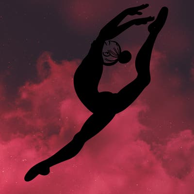 gymnast doing a leap in a leotard with a bent back leg
