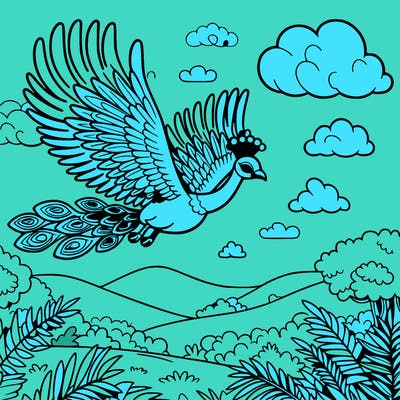 pecock flying in the sky over the jungle