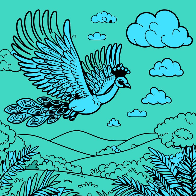 pecock flying in the sky over the jungle