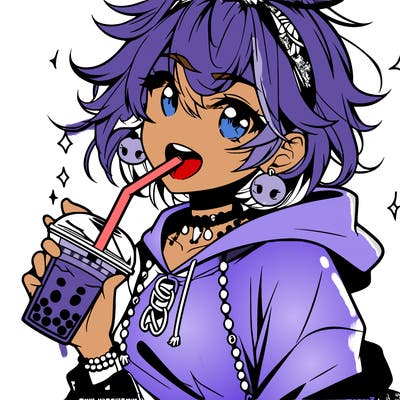hot baddie anime girl drinking boba and biting the straw