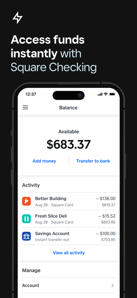 Square Invoices 모바일 앱 화면은 사용 가능한 잔액 및 최근 거래 활동을 보여줍니다