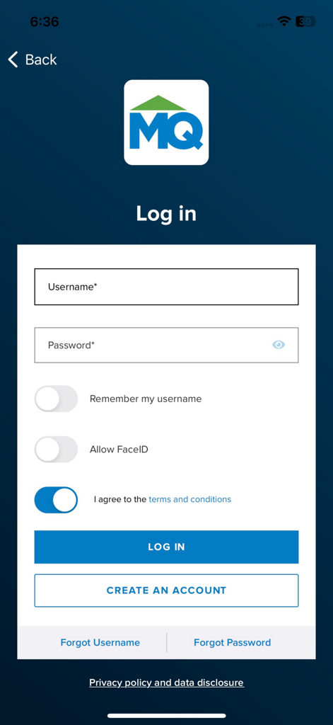 MortgageQuestions - Login screen of the MortgageQuestions app featuring username and password fields with FaceID and remember username options.