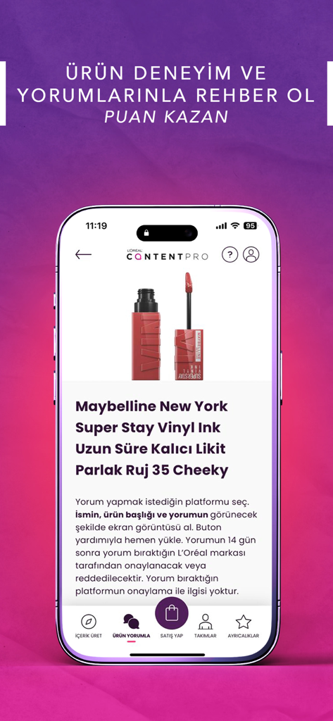 ContentPro - Loreal ContentProアプリのスクリーンショット。レビューと報酬のためのメイベリンのリップスティック製品ページを表示しています。