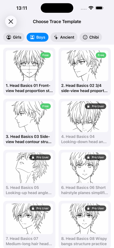 Eine Liste von Anime-Jungenkopfvorlagen zum Nachzeichnen in der Trace Drawing App