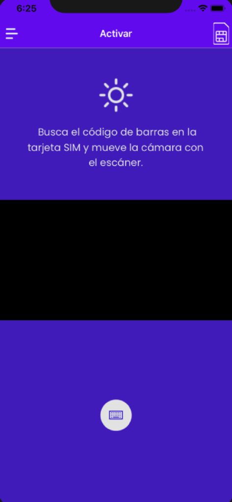 Simtools - Schermata dell'app Simtools per la scansione di un codice a barre di una carta SIM per l'attivazione