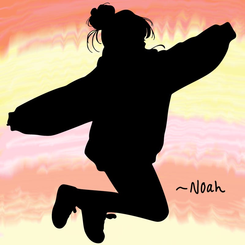 realistic girl jumping with a bun and oversized sweatshirt