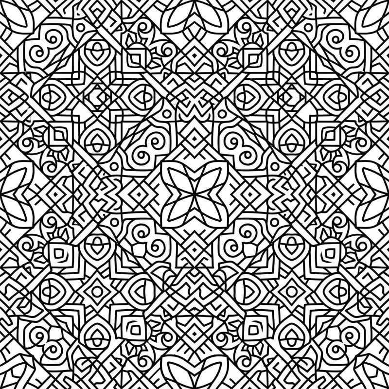 Immerse yourself in the mesmerizing world of abstract geometric patterns with this intricate coloring page. Featuring a complex tapestry of lines, shapes, and swirls, it offers a deeply satisfying and meditative coloring experience.