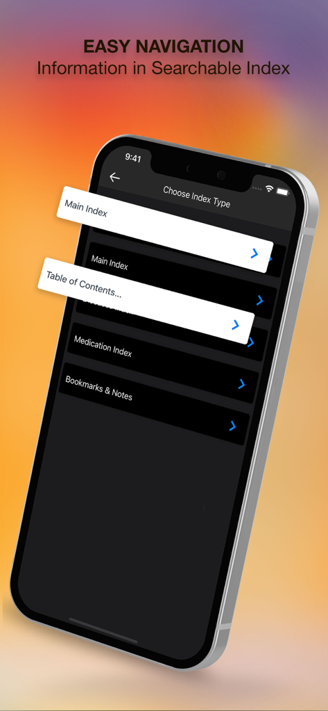 Pantalla de iPhone que muestra el menú de navegación del índice de búsqueda en la aplicación Med-Surg Nursing Clinical Comp