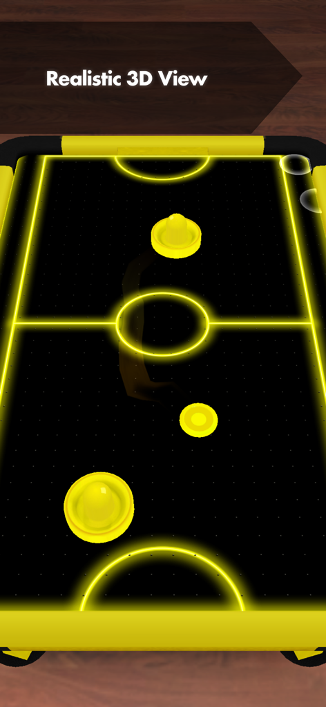 Air Hockey Blast - Realistic 3D view of a neon glow air hockey table with yellow paddles.