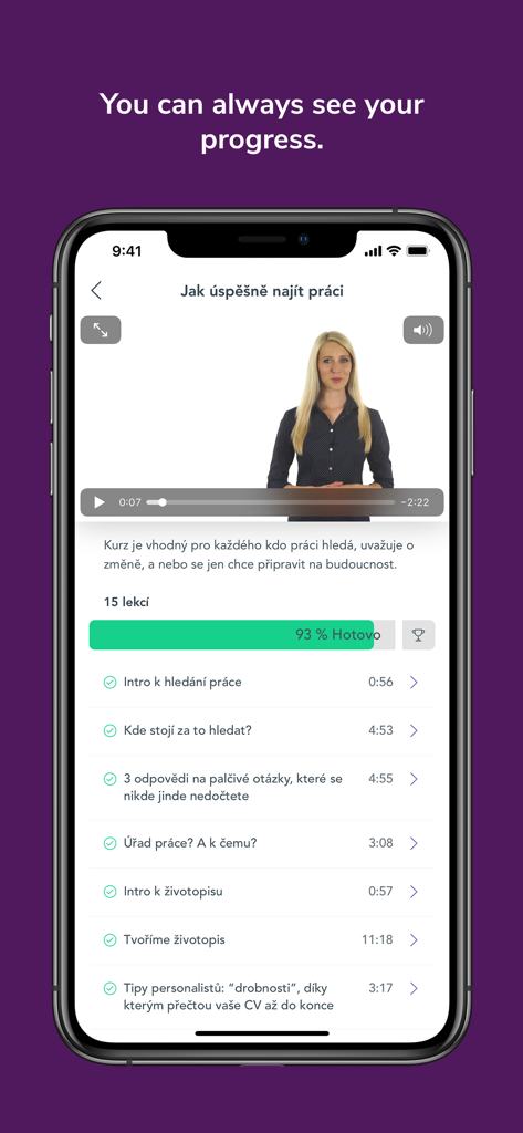 Seduo - Mobile app interface showing a video lesson and a course progress bar at 93 percent completion