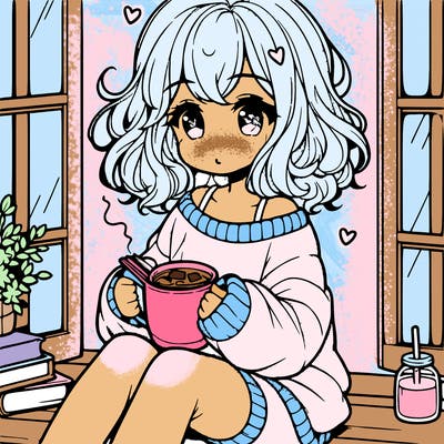 cute anime girl reading book and drinking hot chocolate from mug with loose wavy hair wearing a baggy sweatshirt and shorts sitting by windowsill looking out