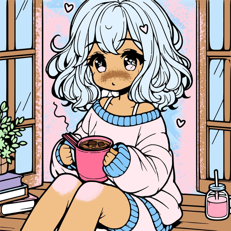 cute anime girl reading book and drinking hot chocolate from mug with loose wavy hair wearing a baggy sweatshirt and shorts sitting by windowsill looking out