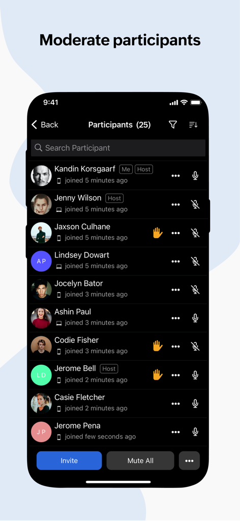 Zoho Meeting - Online Meetings - Zoho Meeting mobile app interface showing the participant list with moderation tools like mute all and raise hand icons.