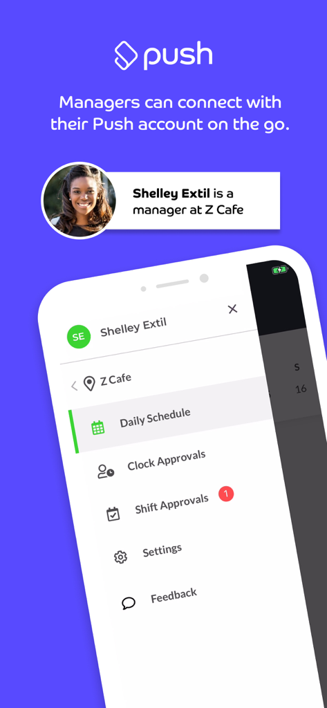 Push Manager - Interfaz de la aplicación Push Manager que muestra el menú de navegación con el horario diario y las aprobaciones de turnos para un gerente de restaurante