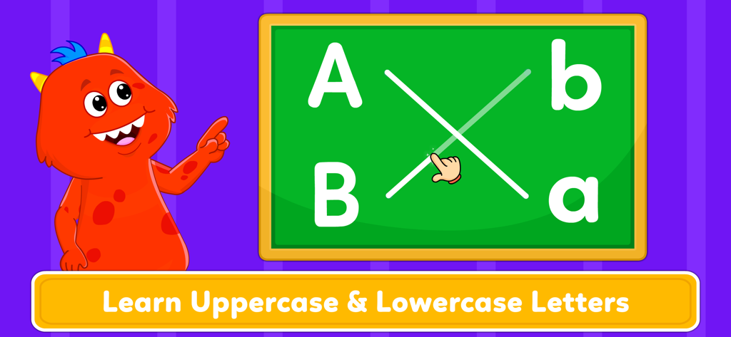 Schermata di gioco educativo che mostra un simpatico mostro e un'attività di abbinamento lettere per maiuscole e minuscole su una lavagna