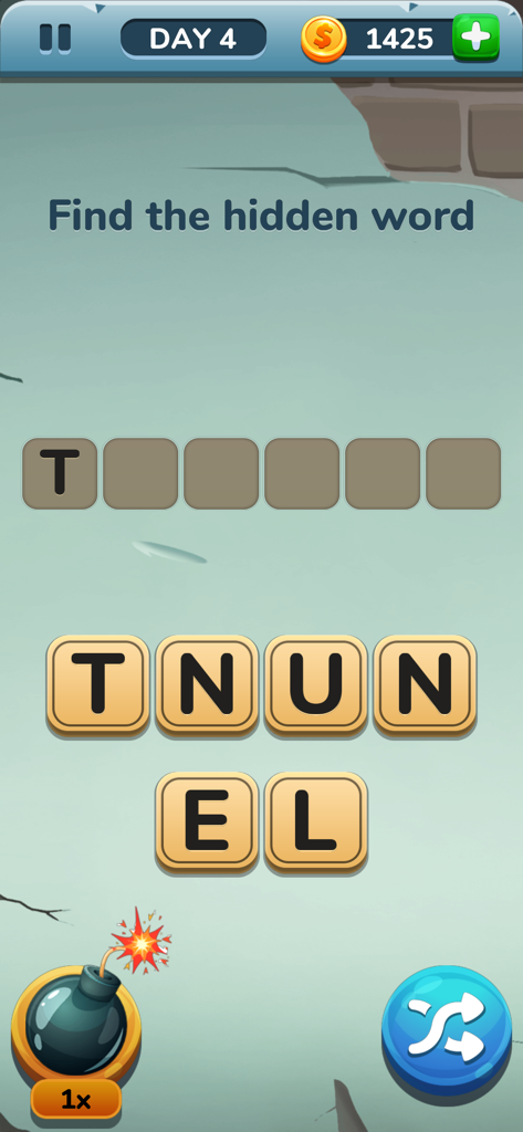 Word Fables Prison Breakのゲームプレイ画面。トンネルという単語を見つける言葉パズルが表示されている。