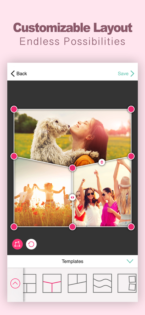 Encollage - Pic Collage Maker - Interface do aplicativo Encollage mostrando layouts e modelos de colagem de fotos personalizáveis