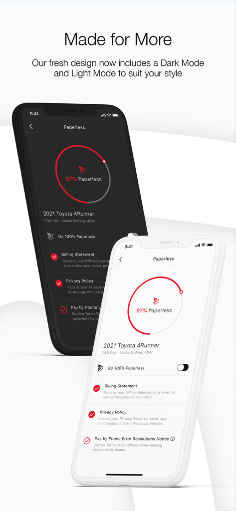 Toyota Financial Services App-Oberfläche, die Optionen für den dunklen und hellen Modus zur Verwaltung der papierlosen Rechnungsstellung anzeigt