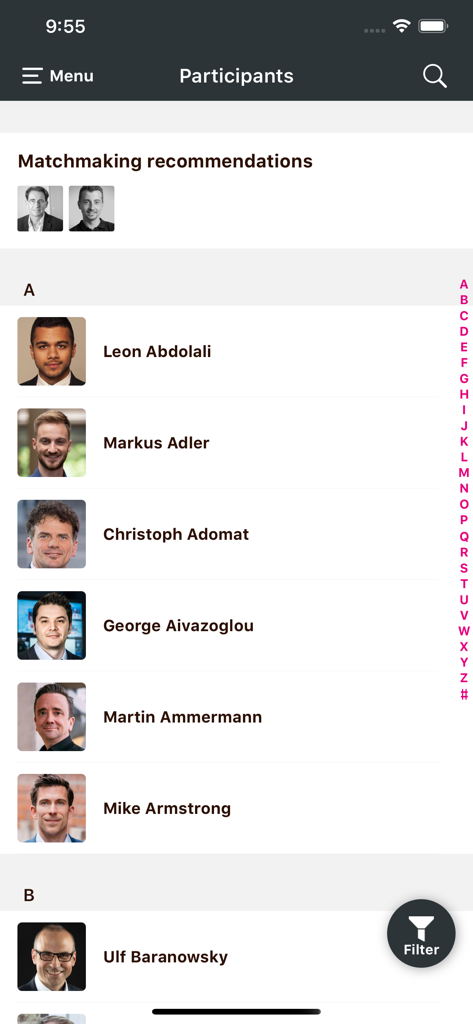 SPOBIS - SPOBIS app interface displaying the conference participants list and matchmaking recommendations.