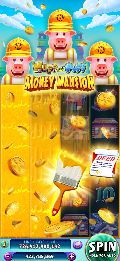 Gold Fish Casino Slots Games - Huff n Puff Money Mansion slot machine interface with cartoon pigs in hard hats and gold coins
