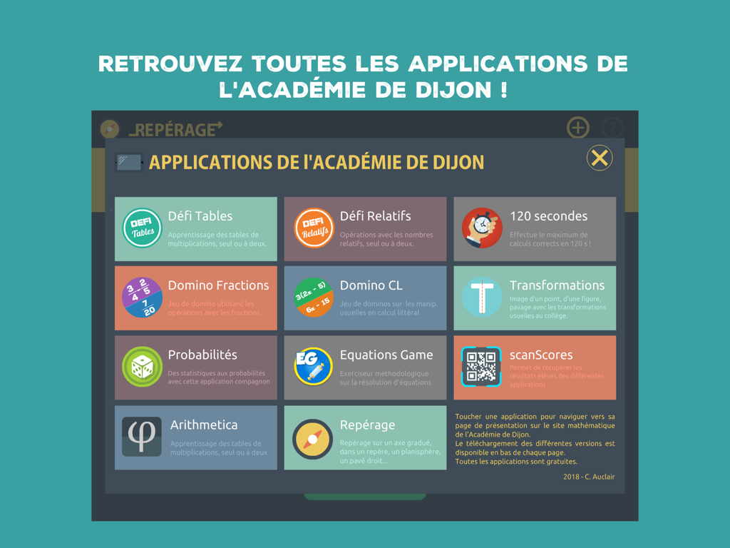 Repérage - Menu em grelha mostrando aplicações educativas de matemática da Académie de Dijon, incluindo Repérage e Equations Game.