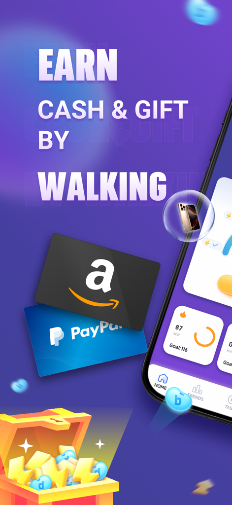 StepBucks: Step into health - Interfaz de la aplicación StepBucks que muestra tarjetas de regalo de Amazon y PayPal como recompensas por los pasos diarios al caminar