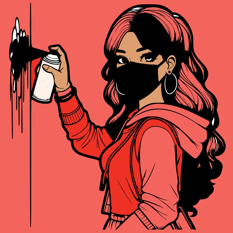 realistic girl with mask spray painting a wall