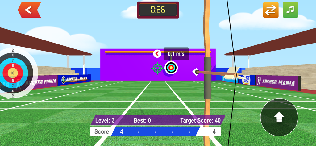 Eine Ego-Perspektive, wie ein Spieler in Archer Mania einen Bogen und Pfeil auf ein Ziel richtet.