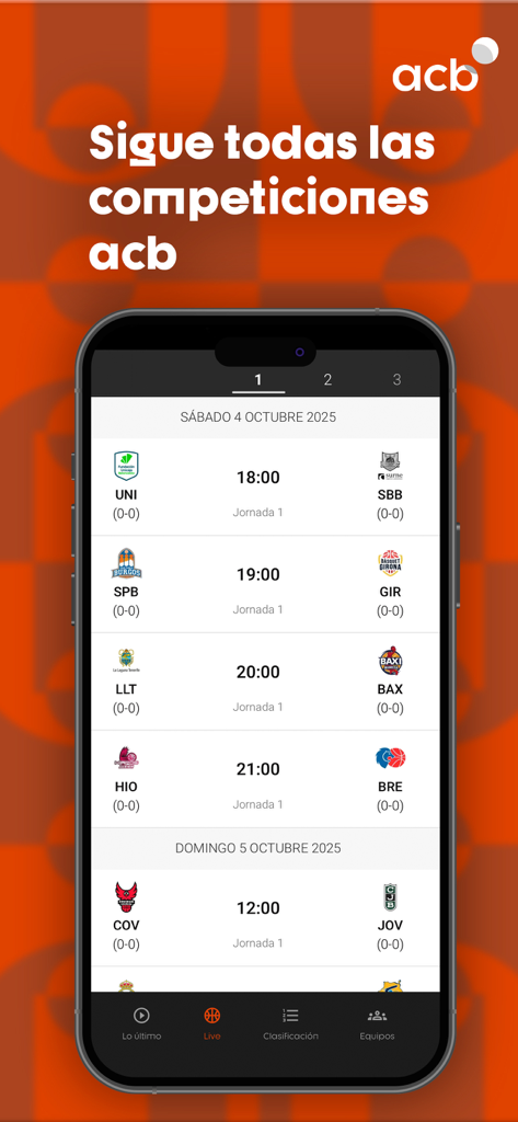 Pantalla de la aplicación de baloncesto ACB que muestra una lista de los próximos horarios de partidos con logotipos de equipos y horas de los partidos