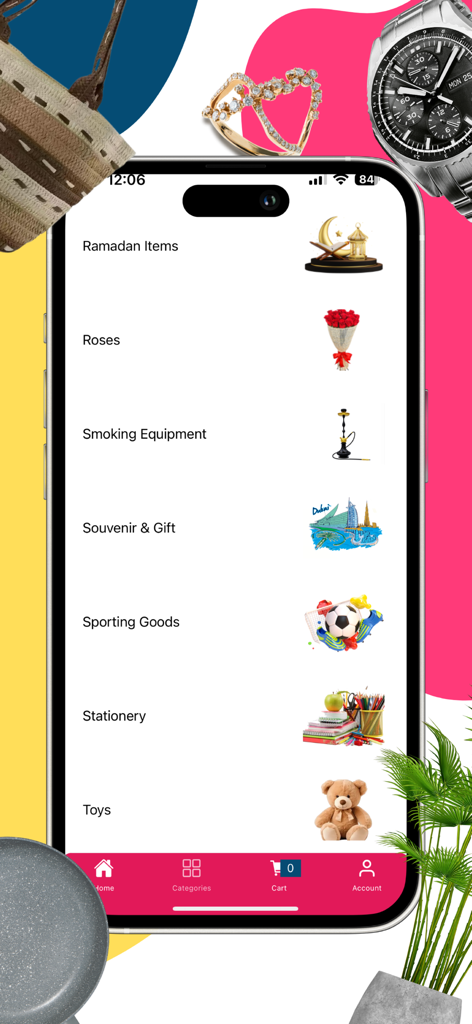 Day To Day Online - Mobile app screen showing various shopping categories like Ramadan items roses sporting goods and toys in the Day To Day Online hypermarket app