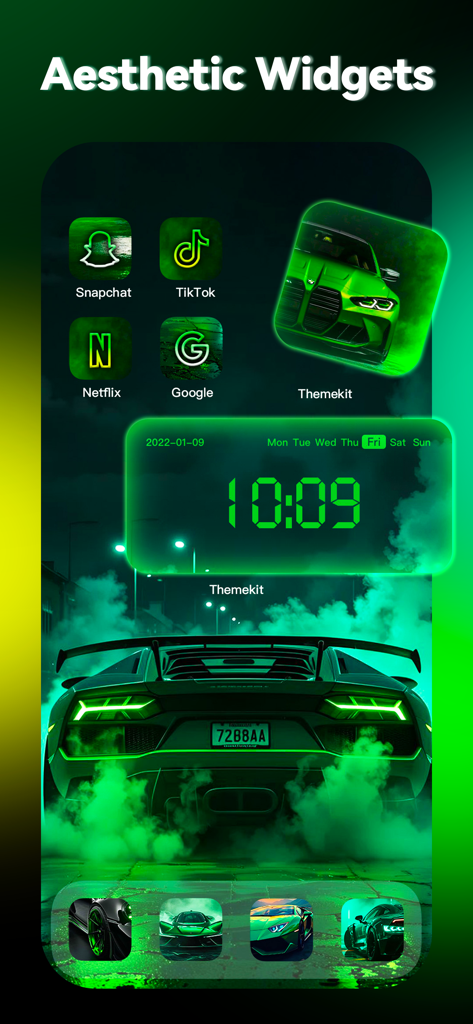 ThemeKit: Widget & Icon Themes - iPhone home screen with green neon sports car theme and custom aesthetic widgets