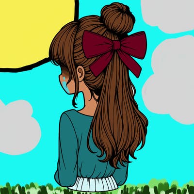 realistic girl  with hip length hair a bun and a big bow on the back of head