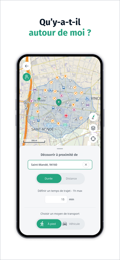 Cartes IGN mobile app showing local points of interest on a map based on walking or driving time