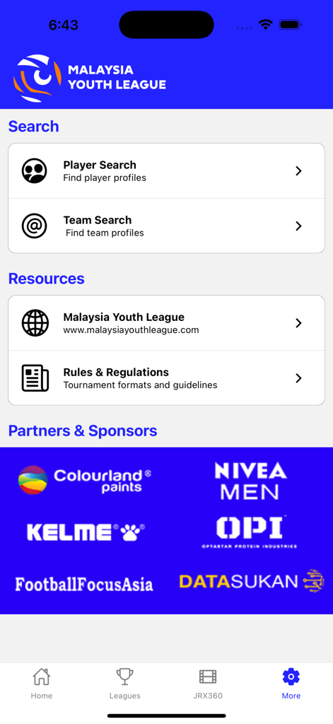Malaysia Youth League - Interface of the Malaysia Youth League app showing search options and tournament resources