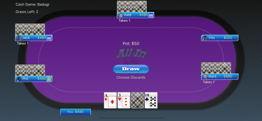 All-In Poker - Uma interface de jogo de poker Badugi no aplicativo All-In Poker mostrando jogadores em uma mesa virtual roxa