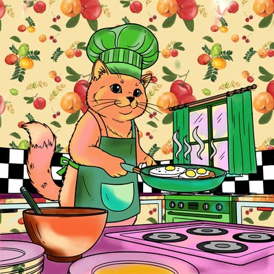 a cat wearing a apron and chef hat in a kitchen cooking breakfast