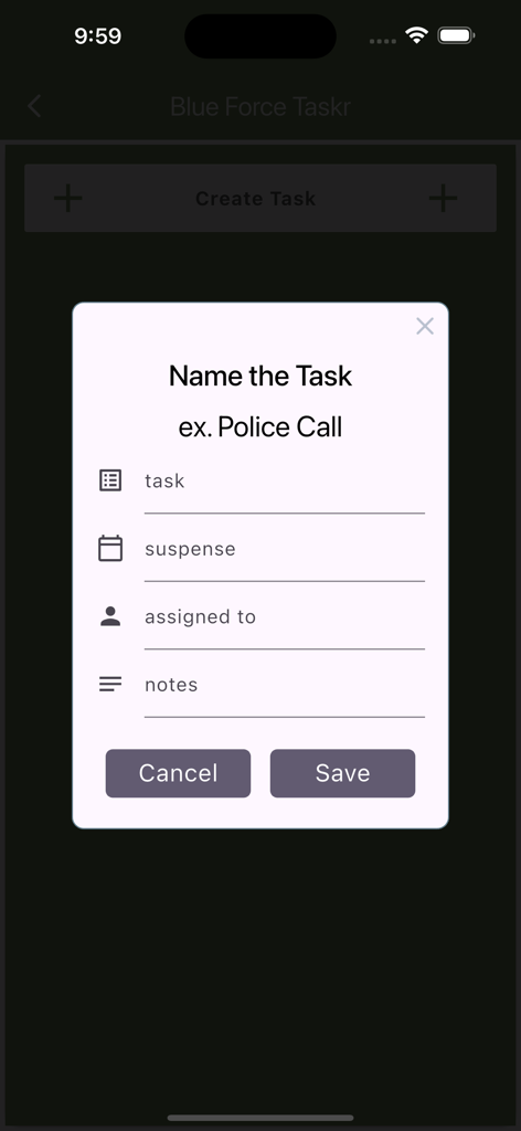 Army NCO Tools & Guide - Interface para criar uma nova tarefa na seção Blue Force Taskr do aplicativo Ferramentas e Guia do NCO do Exército