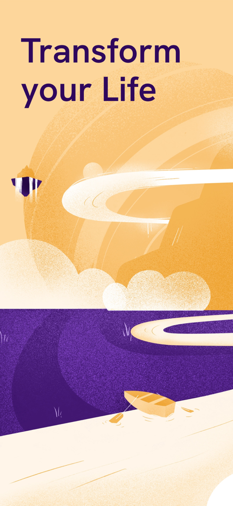 Migiri: Porn Blocker & More - A peaceful landscape illustration with the text Transform your Life in the Migiri app