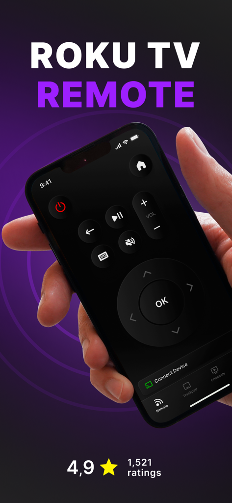 A hand holding an iPhone showing a digital remote control interface for Roku TV with power, volume, and playback buttons.