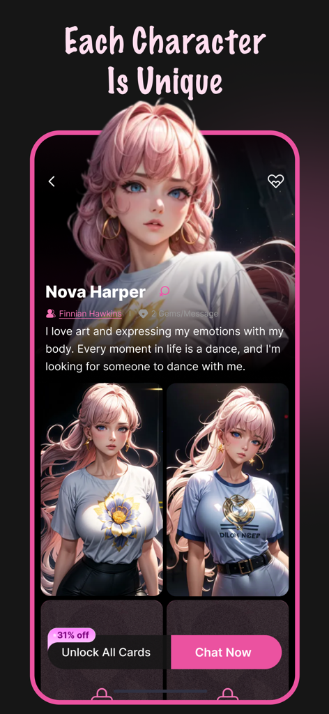 Dream Girl: AI Character Forge - Profile screen of an AI character named Nova Harper with pink hair and anime styling in the Dream Girl app
