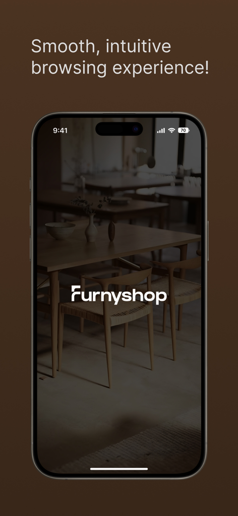 Furnyshop - Furnyshop mobile app interface showcasing a smooth and intuitive browsing experience with premium wooden dining furniture in the background