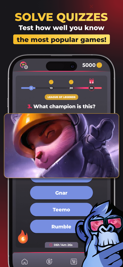 Una pantalla móvil de la aplicación SkinApe que muestra un concurso de trivia de personajes de League of Legends con opciones de respuesta múltiple.