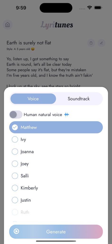 LyriTunes - Lyrics Generator - 생성된 가사를 내레이션하기 위한 다양한 AI 음성 옵션을 보여주는 LyriTunes 앱 화면