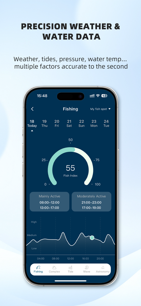 FishMeteo - Fishing forecast - FishMeteo app screen showing precision weather data and fish activity index forecast