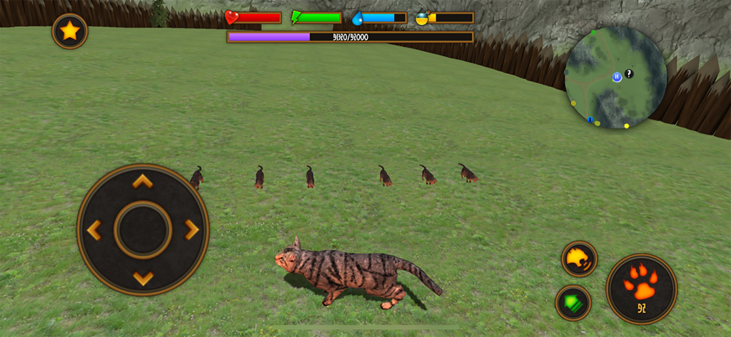 A brown tabby cat warrior leading its clan members across a grassy field in a 3D open world simulation game.