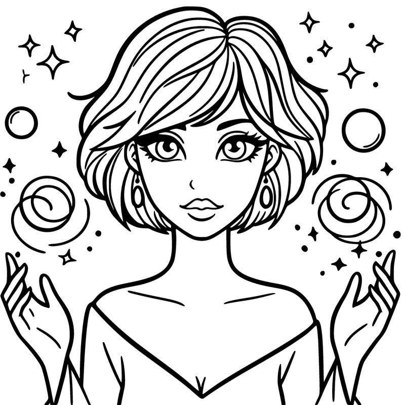 a woman with magic around her and short hair