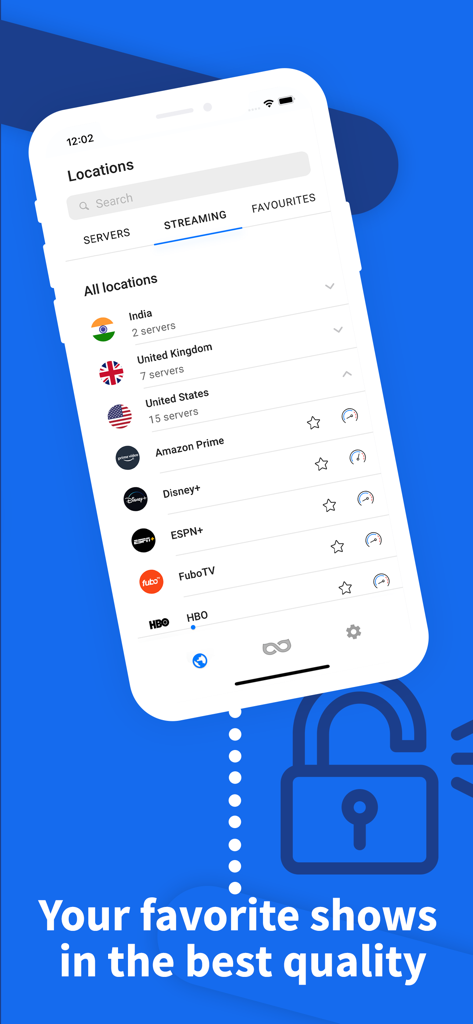 uVPN: Super Fast Secure VPN - Interface de l'application uVPN montrant une liste de serveurs de streaming pour des plateformes comme Disney Plus, Amazon Prime et HBO.